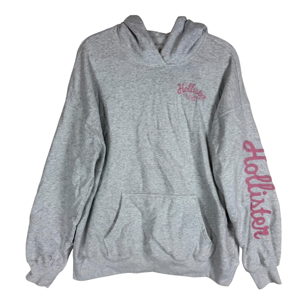 Hollister Hoodie Womens Medium Gray Pullover Fleece Kangaroo Pocket Script Y2K